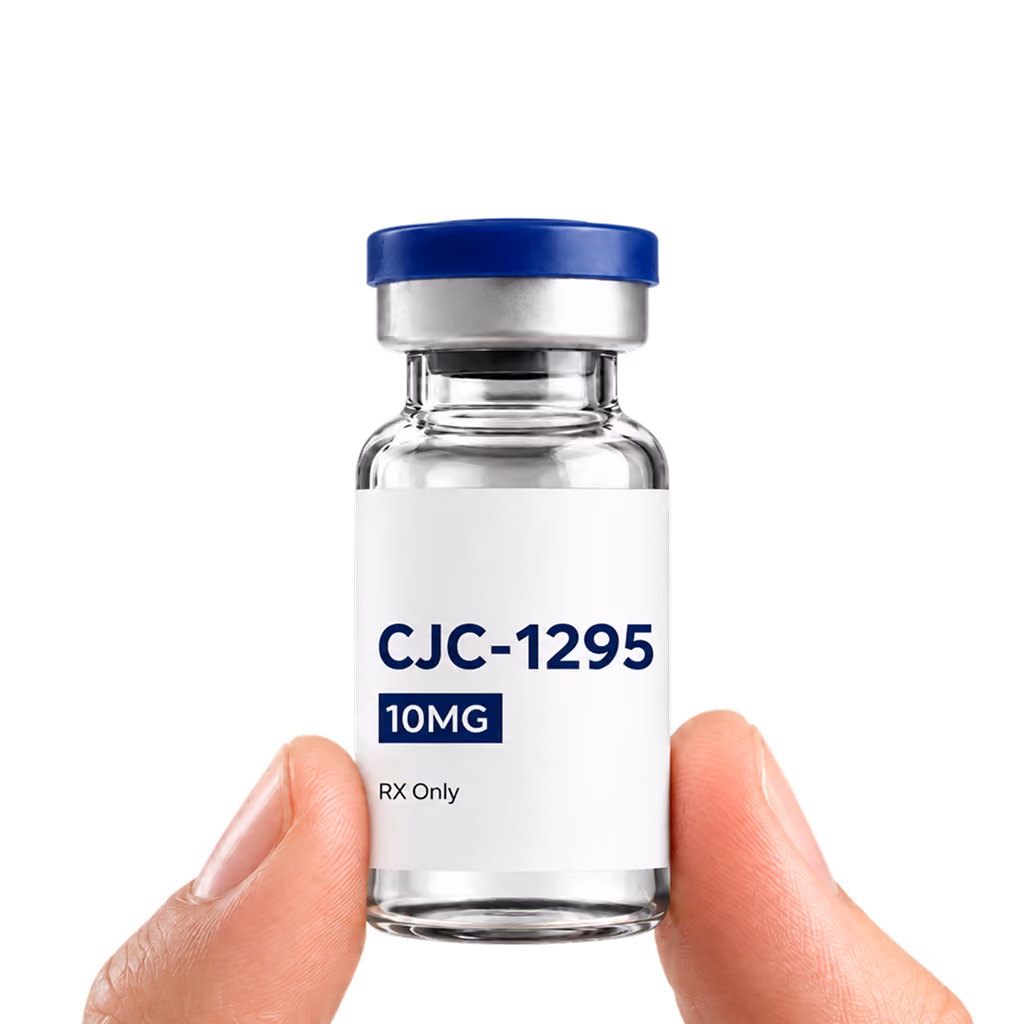 Hand holding a CJC-1295 10mg vial with a blue cap