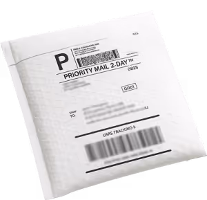 USPS Priority Mail 2-Day padded envelope with shipping label and barcode.